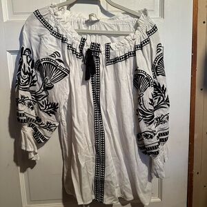 White Peasant Blouse with Black Embroidered Detail